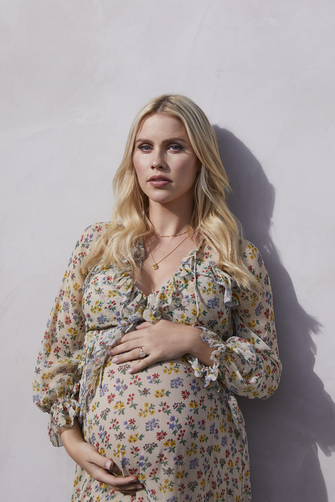 Actress Claire Holt pregnant wearing a dress. Kim Genevieve Los Angeles Portrait Photographer